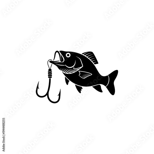 Black silhouette of a fish caught on a fishing hook, isolated on white background