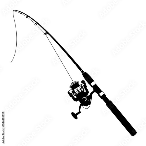 Black and white silhouette of a fishing rod with a spinning reel and line