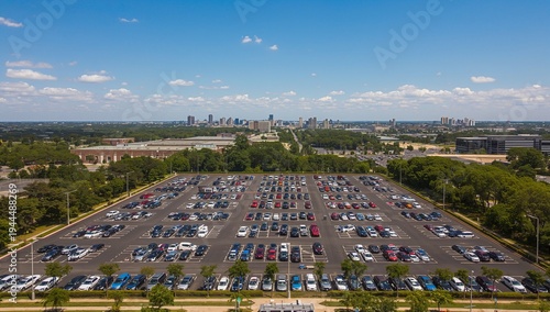 Showing large rectangular surface parking lot at suburban campus with parked cars and light poles