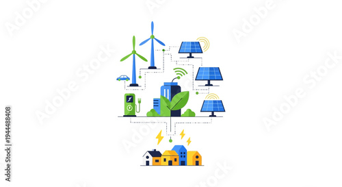 Smart Grid Renewable Energy Ecosystem for Sustainable City. Green Power Distribution to Homes with Solar Panels, Wind Turbines, and EV Charging.
