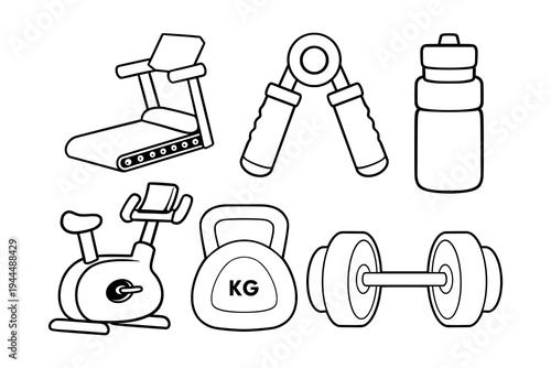 Fitness Gym Equipment Icons Set. Gym Gear, Workout Apparatus, Training Machines, Exercise Tools Outline Style. Illustration for Workout Training