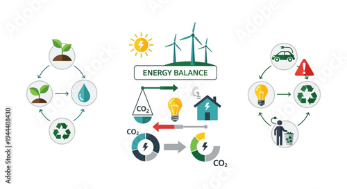 Sustainable Energy and Environment Concepts: Circular Economy, Renewable Power, CO2 Balance, and Eco-friendly Living Infographic