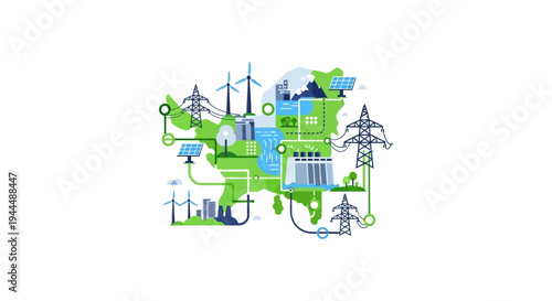 Green Energy Map: Renewable Power Grid with Solar, Wind, and Hydro, Featuring Transmission Lines and Consumption Areas