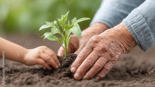 Nurturing Growth: Hands of an Elderly Individual and a Child Planting a Young Green Seedling in Rich Brown Soil Together