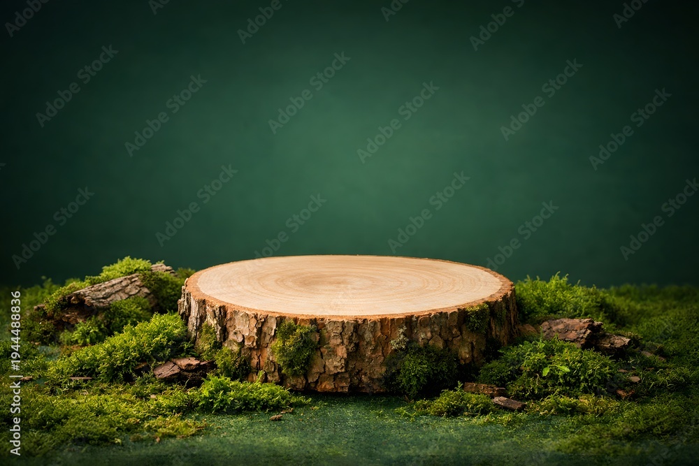 Fototapeta premium Forest background with a mossy tree stump on dark green, product display stand