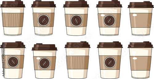 Takeaway coffee cup collection with lids and sleeves, disposable hot drink containers for cafe and coffee shop branding flat vector illustration set