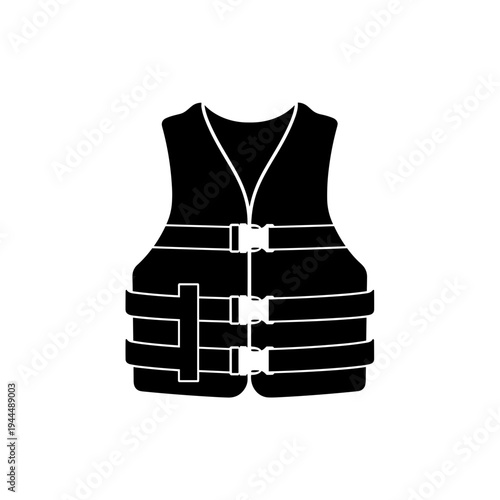 Black life vest icon with buckles and straps for water safety and sports