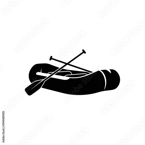 Black silhouette of a canoe with paddles resting inside, isolated on white background