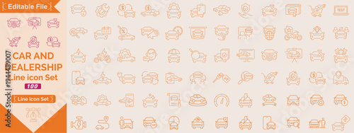 Car Dealer, Dealership, Vehicle and Automobile Industry Line Editable Icon set. Editable stroke. Vector illustration