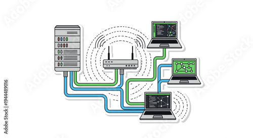 Computer network diagram showing server, router, and laptops connected with cables and wireless signals