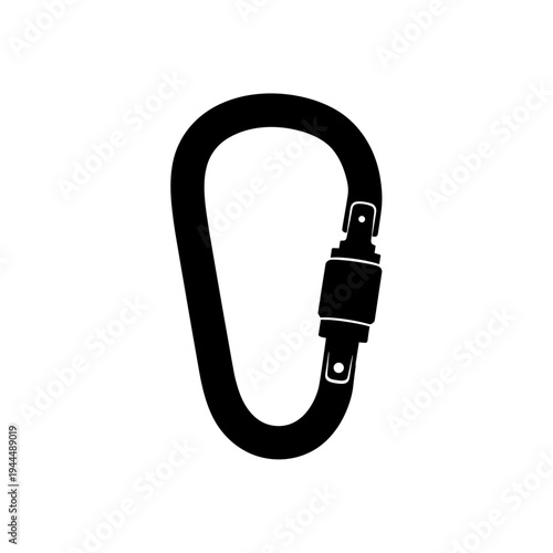 Black silhouette of a locking carabiner on a white background, a versatile tool for safety