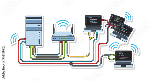 Computer network diagram showing a server, router, and multiple laptops connected wirelessly and via cables