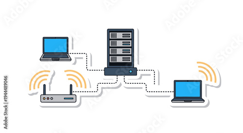 Computer network diagram showing server, router, and laptops connected with cables and wireless signals