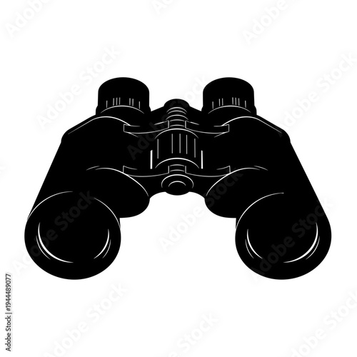 Black silhouette of binoculars on a white background, graphic illustration