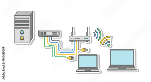 Computer network diagram showing a server, router, modem, and laptops connected via wired and wireless connections