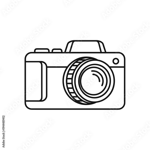 Simple line art illustration of a modern digital camera with a prominent lens