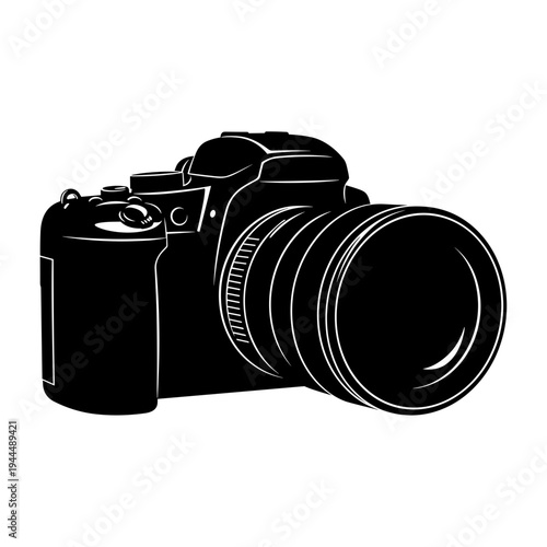Black silhouette of a modern DSLR camera with a large lens, isolated on white