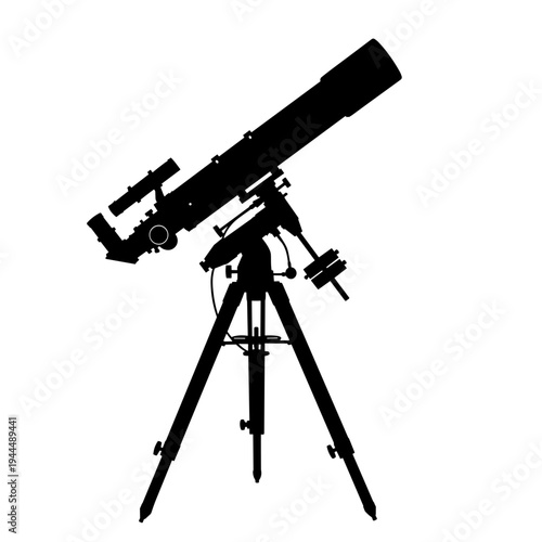 Silhouette of a professional astronomical telescope on a tripod against a white background