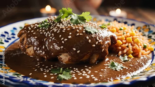 Close up of traditional cuisine dish with sauce and rice