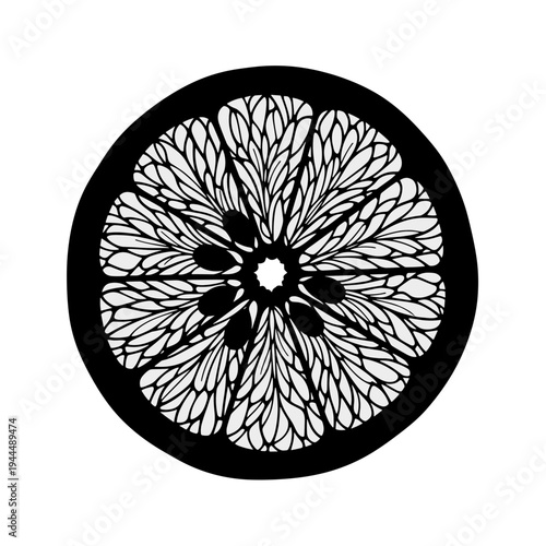 Stylized black and white illustration of a citrus fruit slice with intricate details