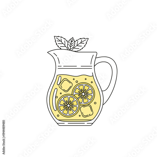Refreshing pitcher of lemonade with ice, lemon slices, and mint leaves, simple illustration