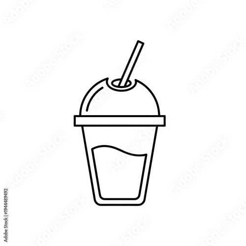 Simple line art icon of a disposable cup with a dome lid and straw for beverages