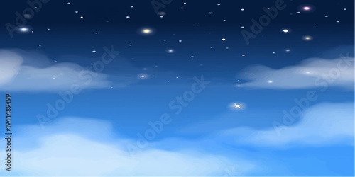 A beautiful clear atmosphere reveals the bright moon and stars amidst a high summer sky where white clouds drift through the deep blue nature of heaven