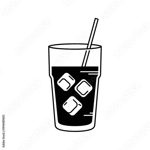 Simple black and white illustration of a tall glass filled with dark liquid and ice cubes