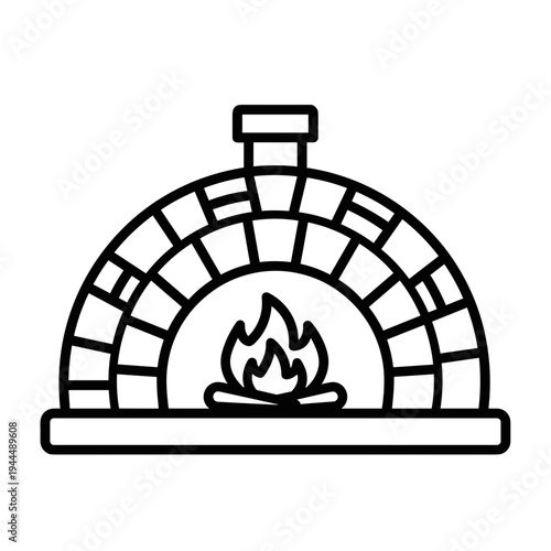 Simple line art icon of a brick pizza oven with a fire inside