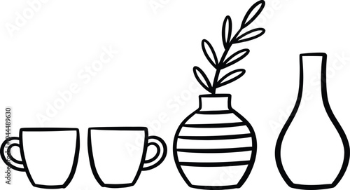 Minimalist kitchen objects line illustration set, cups and decorative vases outline drawing, modern home decor icons isolated background