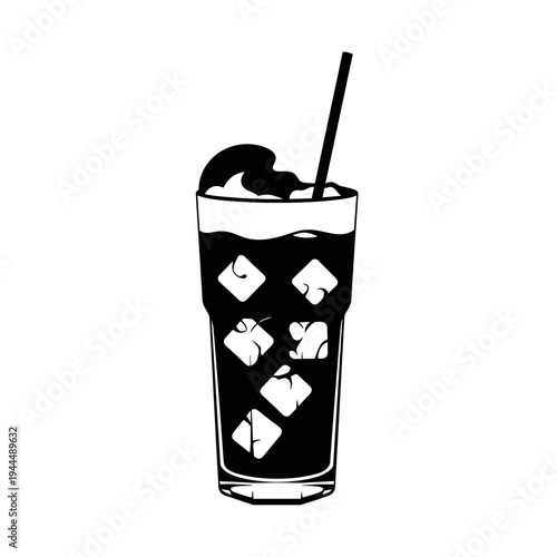 Tall glass of iced coffee with foam and straw, black and white illustration