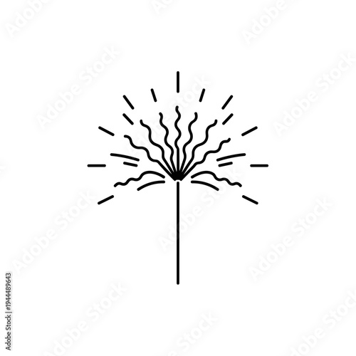 Minimalist black line art of a sparkler exploding with light bursts on a white background