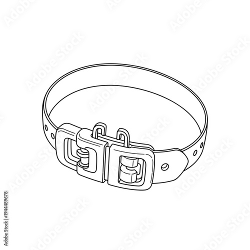 Detailed line art illustration of a metal hose clamp with a double buckle closure