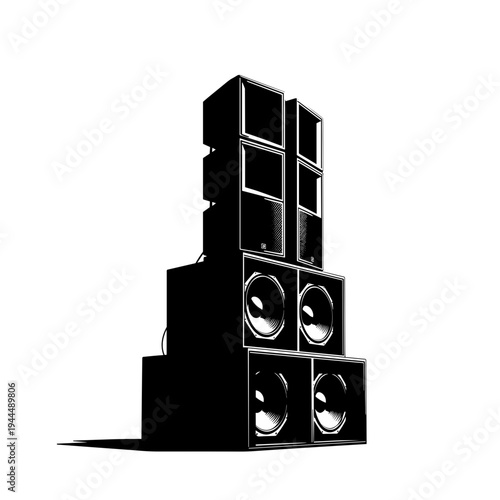 Towering stack of black and white graphic audio speaker cabinets for loud music