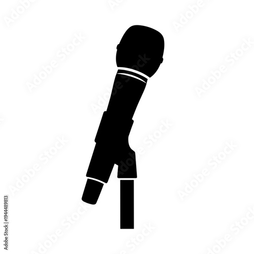 Black silhouette of a microphone on a stand, isolated on a white background