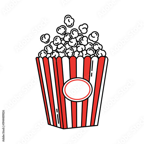 Classic red and white striped popcorn bucket overflowing with fluffy popcorn kernels