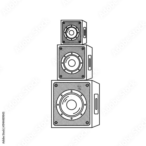 Stack of three audio speaker boxes with different sizes, line art illustration