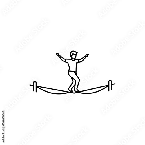 Man balancing on a tightrope, minimalist line art illustration of extreme sport and focus
