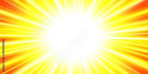 A vibrant abstract sunburst vector illustration featuring bright yellow and orange sun rays that create a hot summer explosion of glowing sunlight and warm energy across a shining sunrise sky