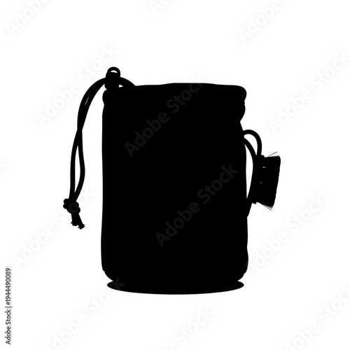 Simple black silhouette of a drawstring pouch on a white background