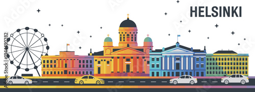 helsinki, finland, skyline, cityscape, architecture, landmark, travel, tourism, urban, buildings, cathedral, ferris, wheel, downtown, vector, illustration, panorama, europe, city, design