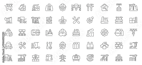 Factory and industry icons set. editable line icons, outline, industrial symbols