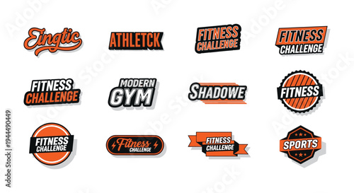 Fitness logo design collection featuring typography, gym branding, sports badges, bold lettering, modern graphics, athletic challenge inspiration, flat vector illustration