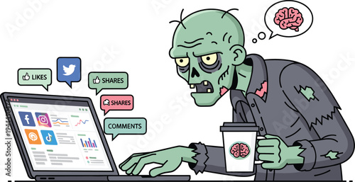 Funny zombie businessman analyzing social media engagement on laptop while brainstorming marketing ideas with coffee and brain icon