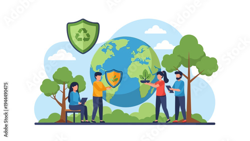 People Protecting Earth with Shield and Trees.