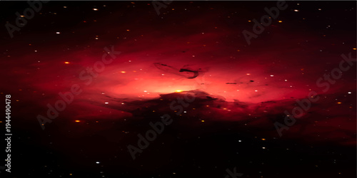 A bright nebula glows within an abstract cosmos of red and white stars against a dark universe background