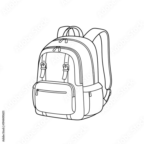 Simple line art drawing of a modern backpack with multiple compartments and straps