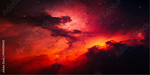 An abstract sunset cloudscape featuring a dramatic red fire background and orange sunlight across a beautiful twilight sky at dusk