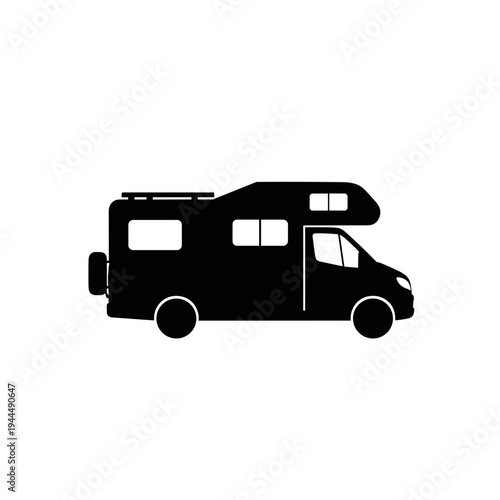 Simple black silhouette of a recreational vehicle with a spare tire on the back
