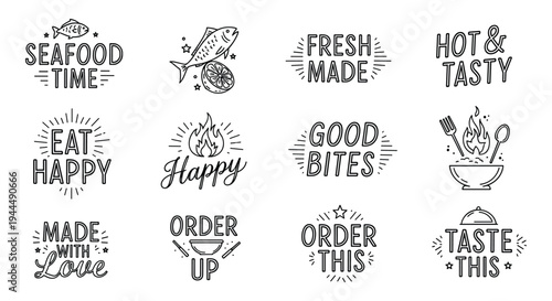 Food typography icons, seafood, fresh made, hot tasty, eat happy, good bites, order up, taste this, culinary branding, flat vector illustrationFood typography icons, seafood, 